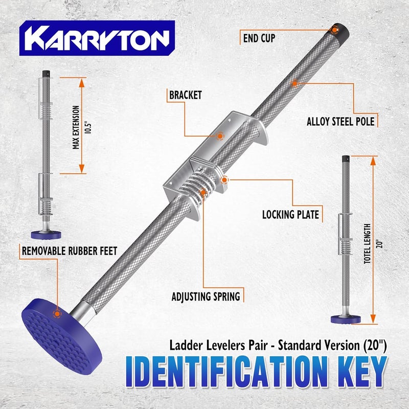 KARRYTON مستويات السلم الزرقاء لنوع II و I و IA للسلالم القابلة للتمديد حتى 32'، مع أرجل سلم قابلة للتعديل ومضادة للانزلاق للسلالم وجميع الأسطح - زوج (الإصدار القياسي (20")) - Image 2